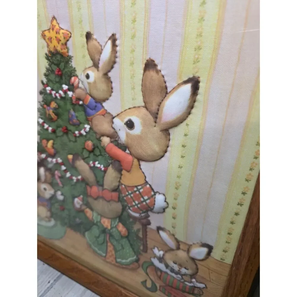 Vtg 80s Finished 3D Quilted Needle Craft Bunny Rabbit Family Christmas Framed